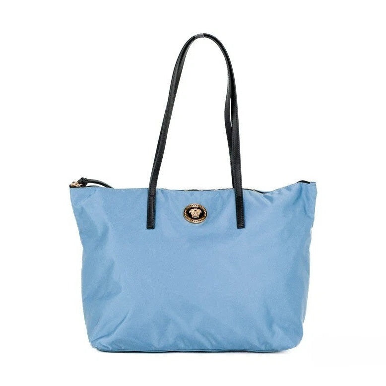 Versace Portuna Medusa Medium Cornflower Blue Nylon Leather Tote Bag Purse