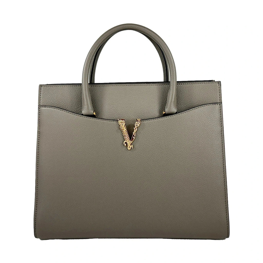 Versace Virtus Large Leather Top Handle Satchel Bag Tote Gray