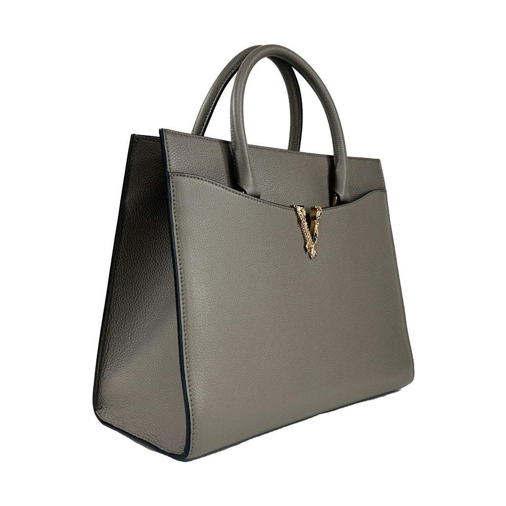 Versace Virtus Large Leather Top Handle Satchel Bag Tote Gray