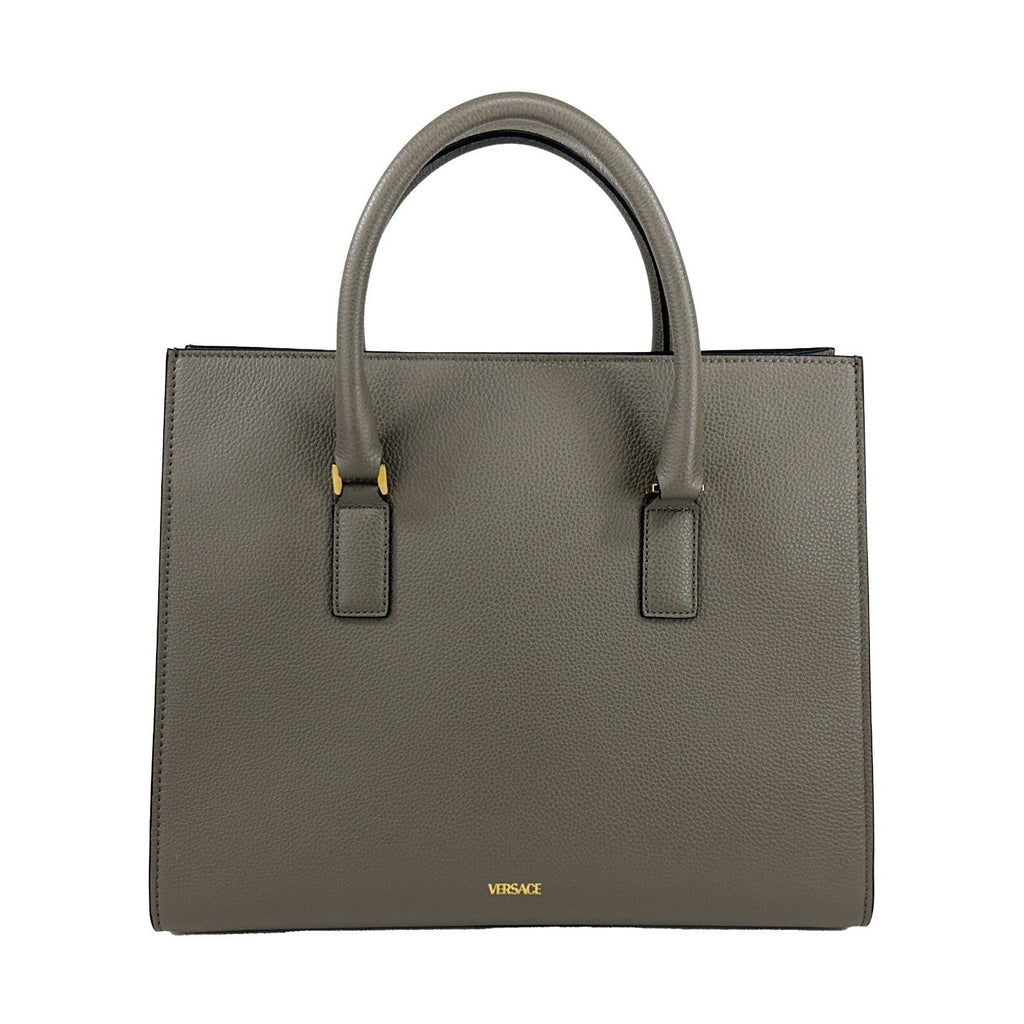 Versace Virtus Large Leather Top Handle Satchel Bag Tote Gray