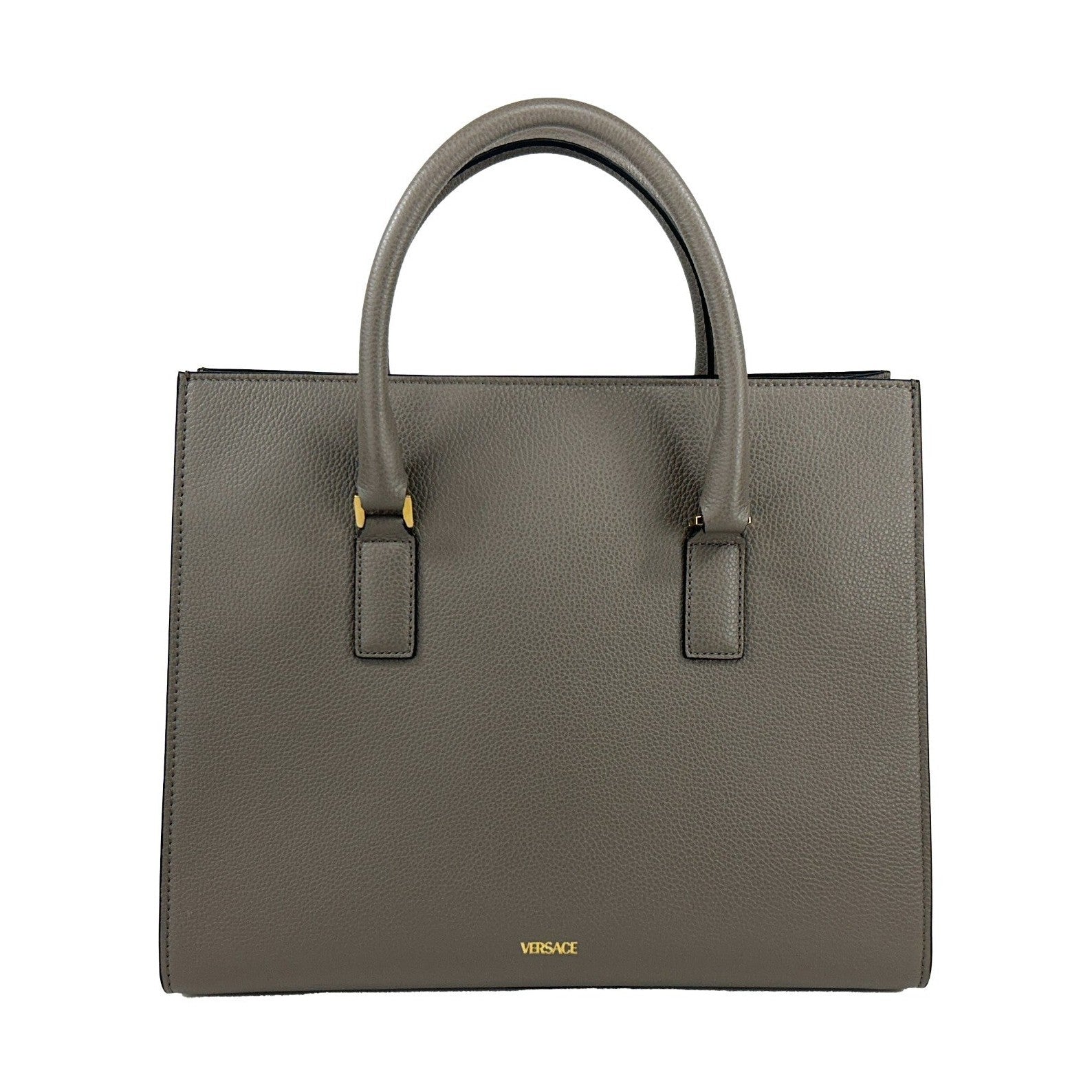 Versace Virtus Large Leather Top Handle Satchel Bag Tote Gray