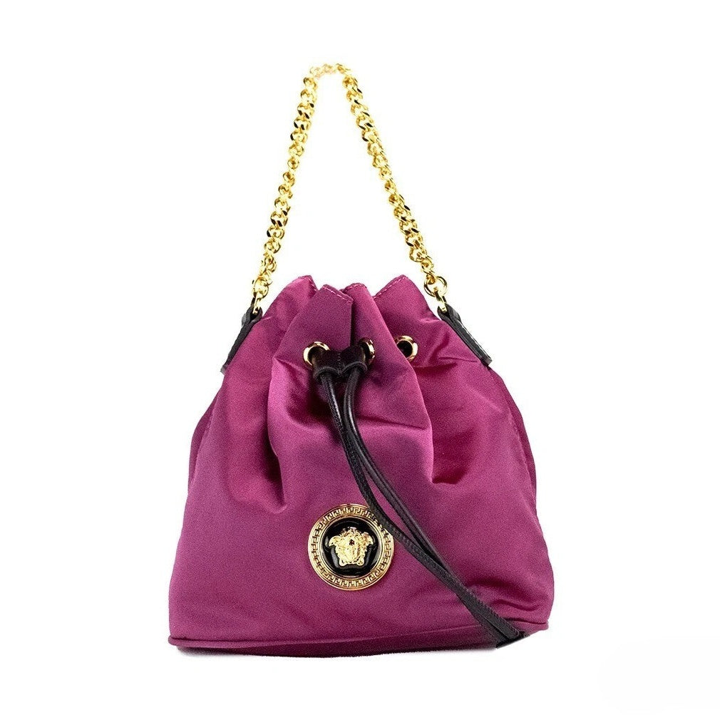 Versace Small Dahlia Nylon Medusa Pendant Bucket Chain Crossbody Bag Purse