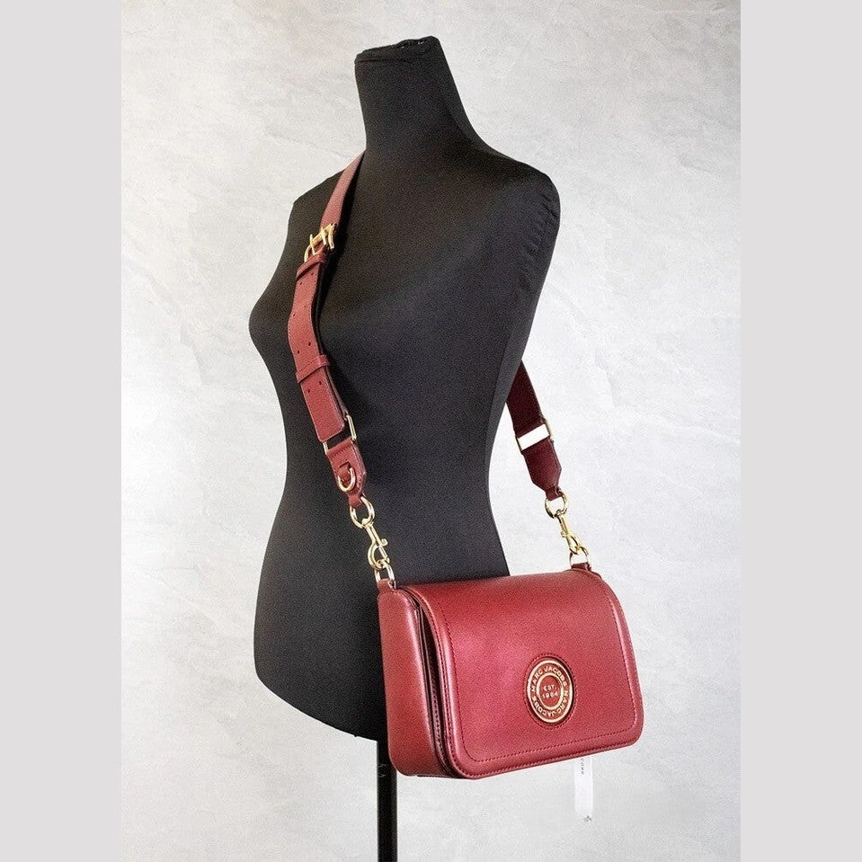 Marc Jacobs Medium Metal Signet Syrah Smooth Leather Flap Crossbody Purse Bag
