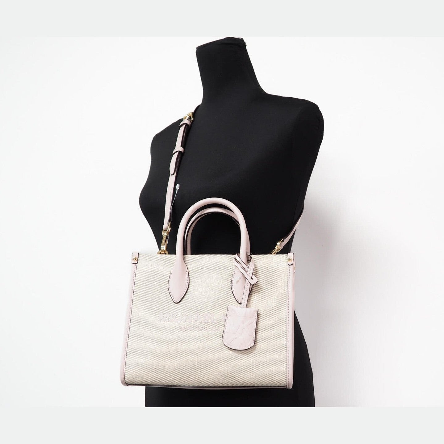 Michael Kors Mirella Small Powder Blush Canvas Shopper Crossbody Handbag Purse