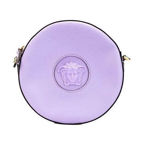 Versace Round Disco Lilac Pebbled Leather Camera Case Crossbody Bag Purse