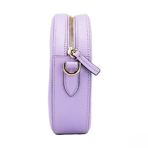 Versace Round Disco Lilac Pebbled Leather Camera Case Crossbody Bag Purse