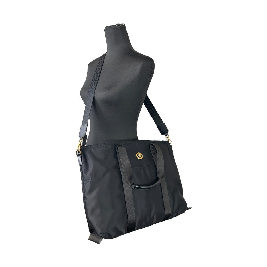 Versace Black Nylon Fabric La Medusa Shoulder Tote Bag