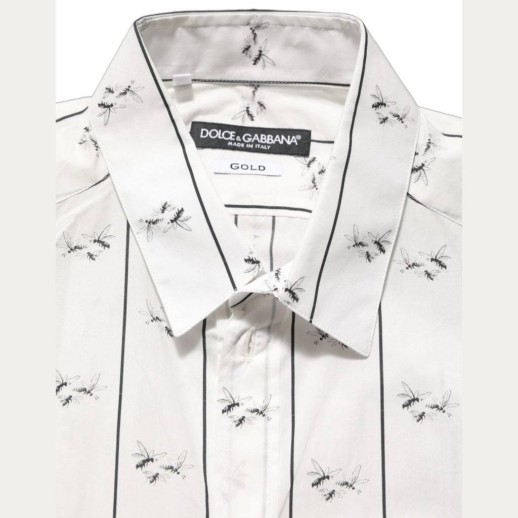 Dolce & Gabbana White Bee Print Cotton GOLD Fit Dress Shirt