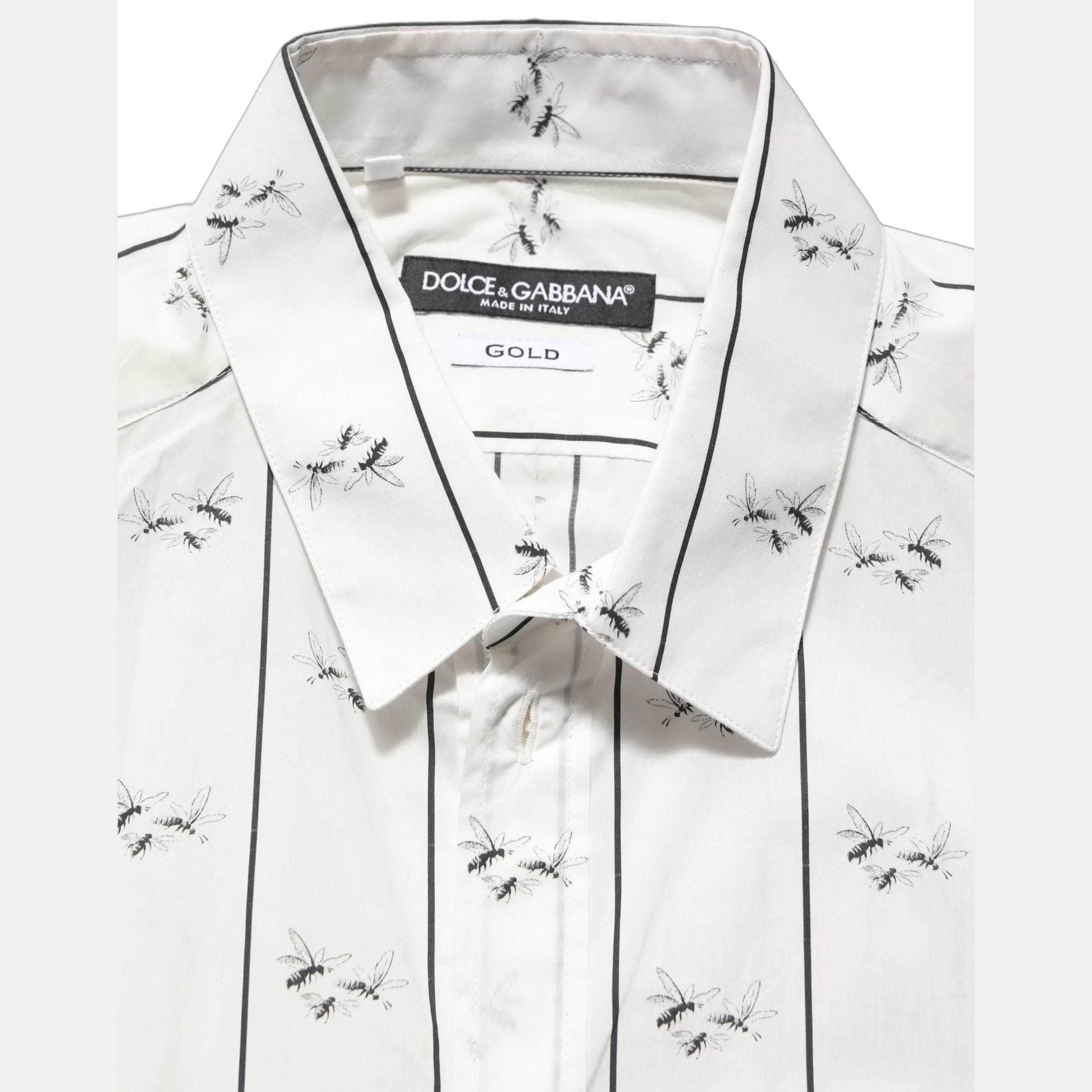 Dolce & Gabbana White Bee Print Cotton GOLD Fit Dress Shirt