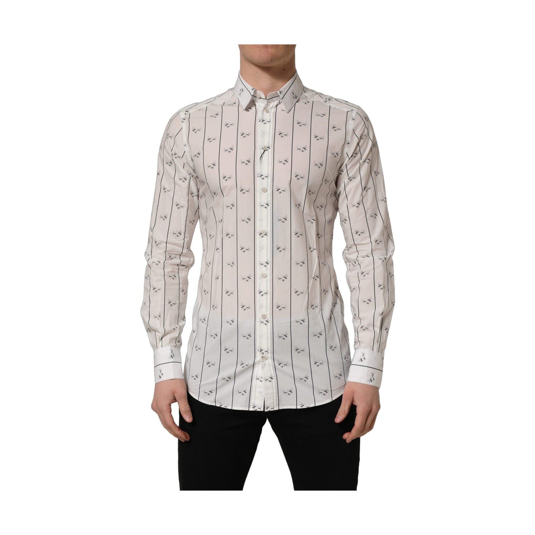 Dolce & Gabbana White Bee Print Cotton GOLD Fit Dress Shirt