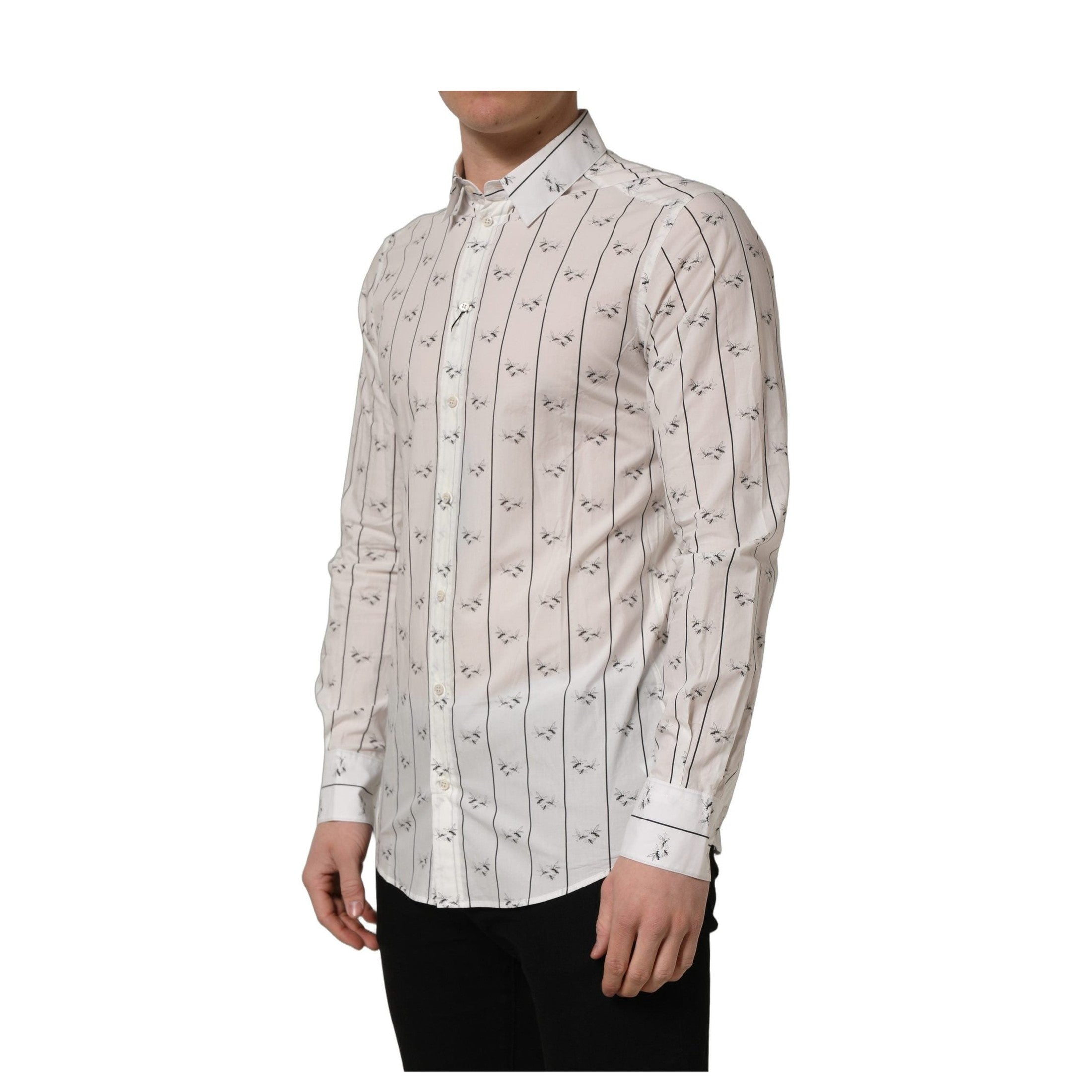 Dolce & Gabbana White Bee Print Cotton GOLD Fit Dress Shirt