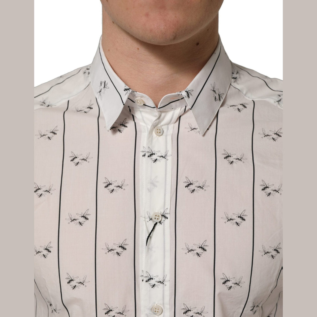 Dolce & Gabbana White Bee Print Cotton GOLD Fit Dress Shirt