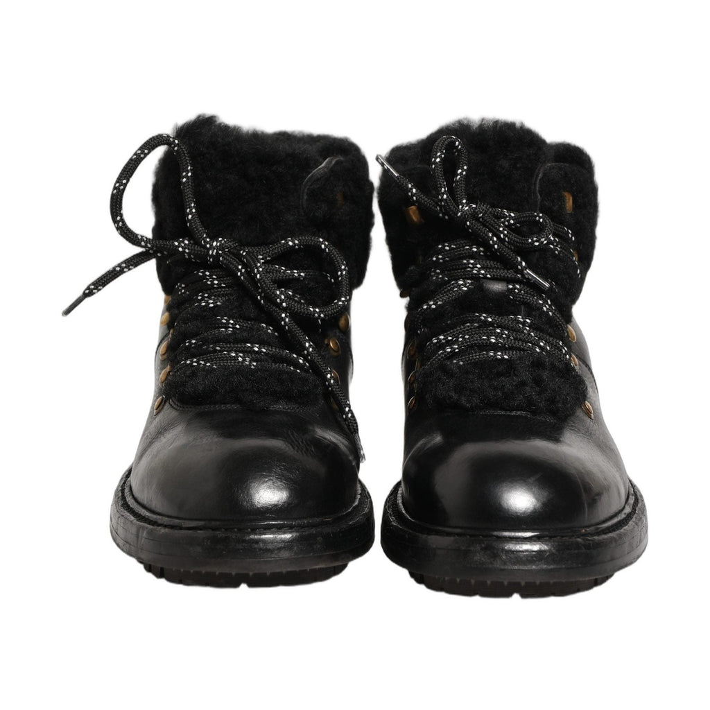 Dolce & Gabbana Black Trekking Fur Lace Leather Boots Shoes