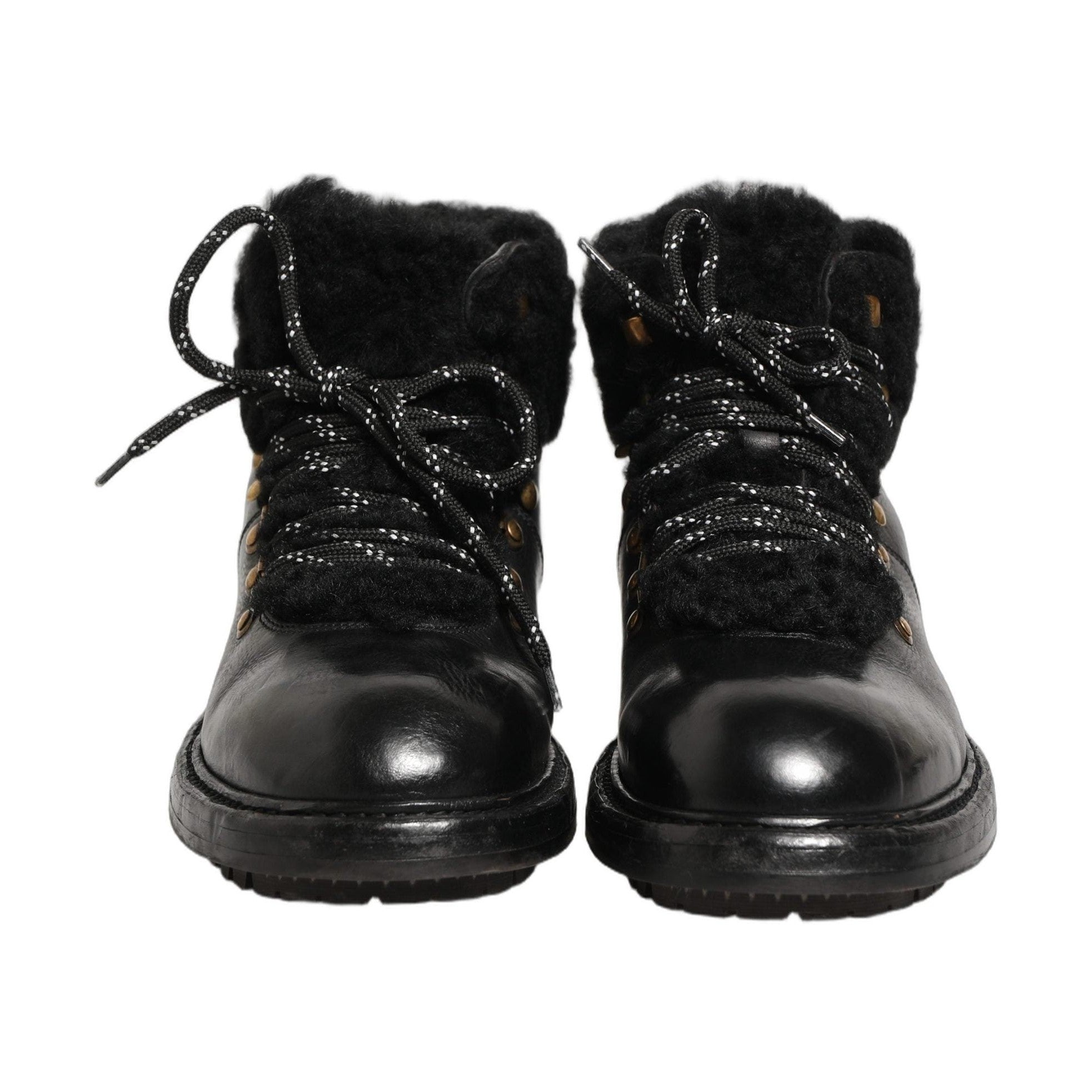 Dolce & Gabbana Black Trekking Fur Lace Leather Boots Shoes