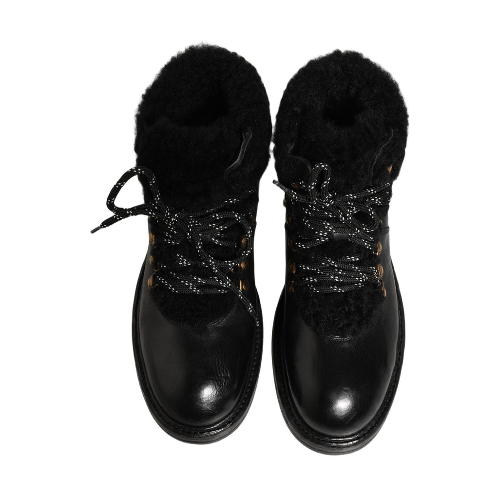 Dolce & Gabbana Black Trekking Fur Lace Leather Boots Shoes