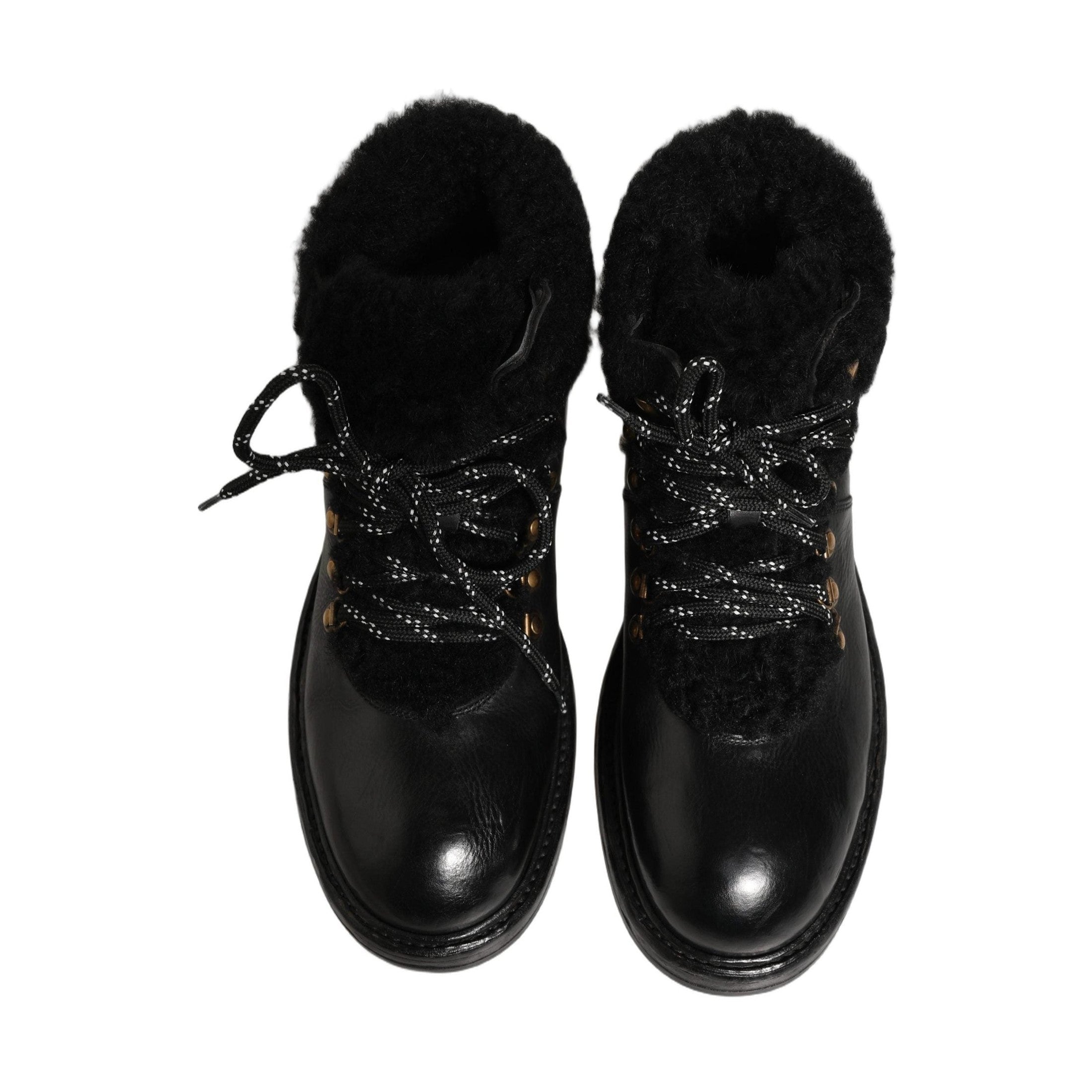 Dolce & Gabbana Black Trekking Fur Lace Leather Boots Shoes