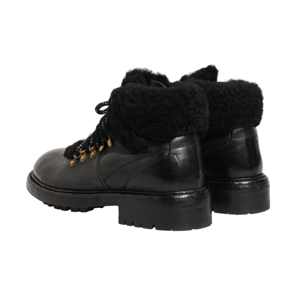 Dolce & Gabbana Black Trekking Fur Lace Leather Boots Shoes