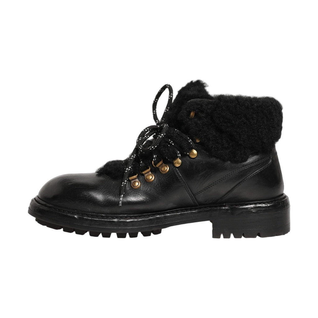 Dolce & Gabbana Black Trekking Fur Lace Leather Boots Shoes