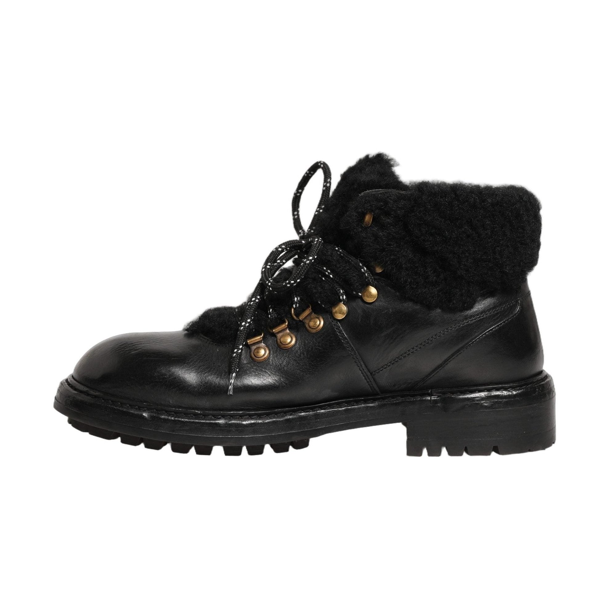 Dolce & Gabbana Black Trekking Fur Lace Leather Boots Shoes