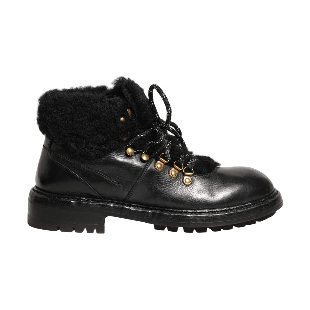 Dolce & Gabbana Black Trekking Fur Lace Leather Boots Shoes