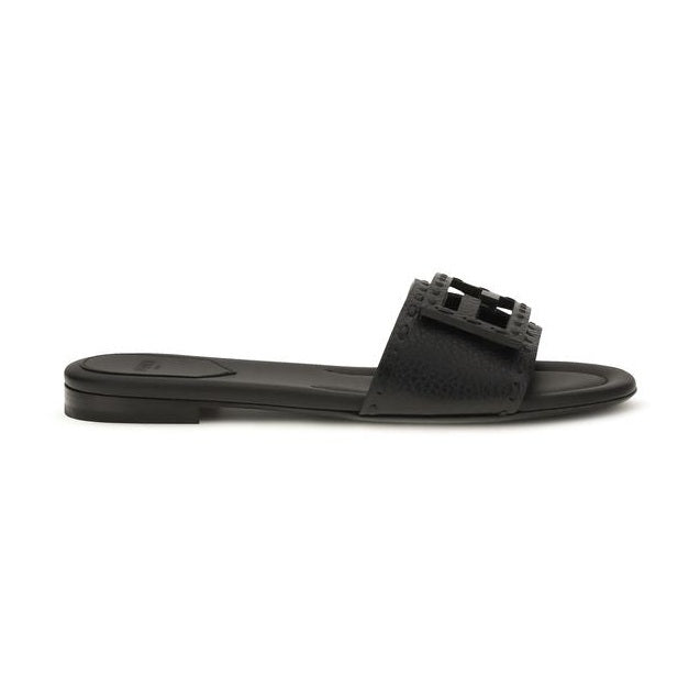 Fendi Black Calf Leather Bos Taurus Flat Sandals
