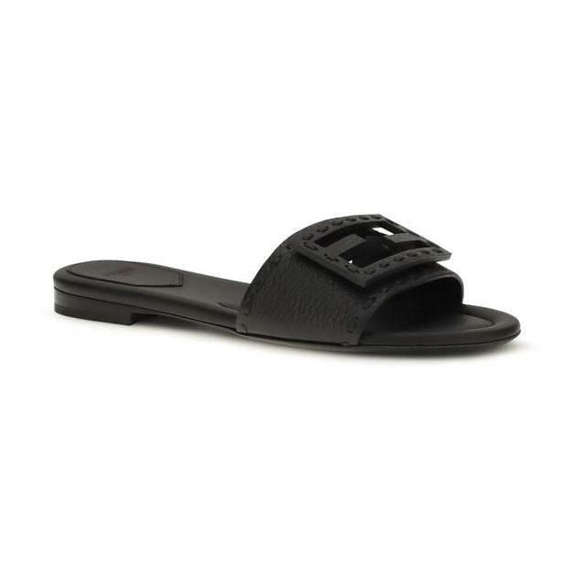 Fendi Black Calf Leather Bos Taurus Flat Sandals