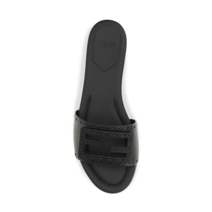 Fendi Black Calf Leather Bos Taurus Flat Sandals