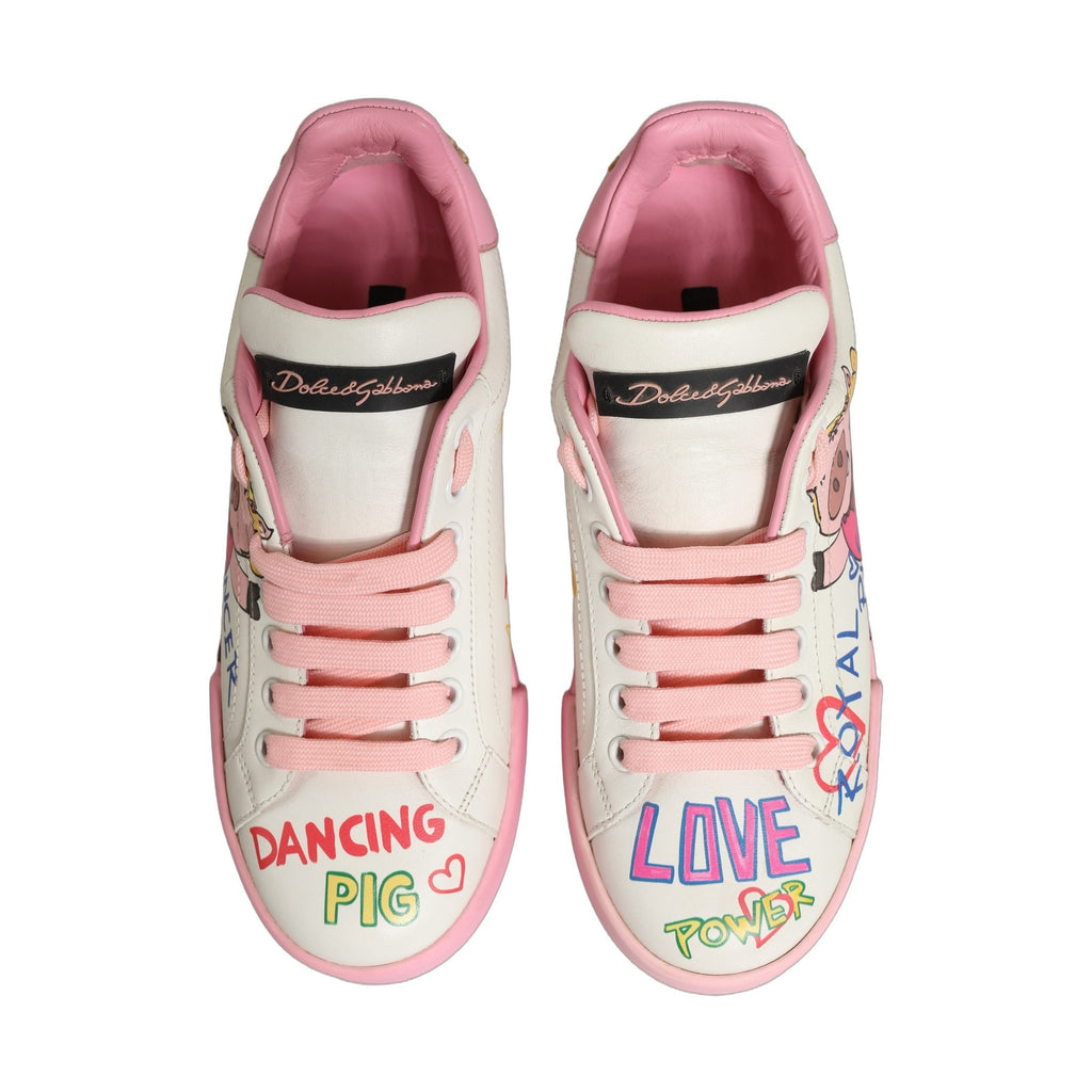 Dolce & Gabbana White Pink Portofino Royal Pig Sneakers Shoes
