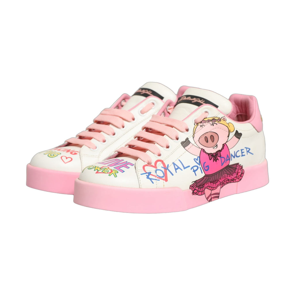 Dolce & Gabbana White Pink Portofino Royal Pig Sneakers Shoes