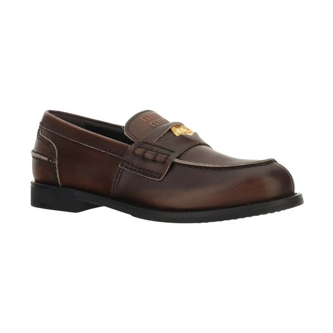 Miu Miu Brown Calf Leather Bos Taurus Slip-On Loafers