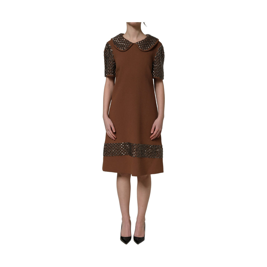 Dolce & Gabbana Brown Wool Rhinestone Embellished Midi Dress