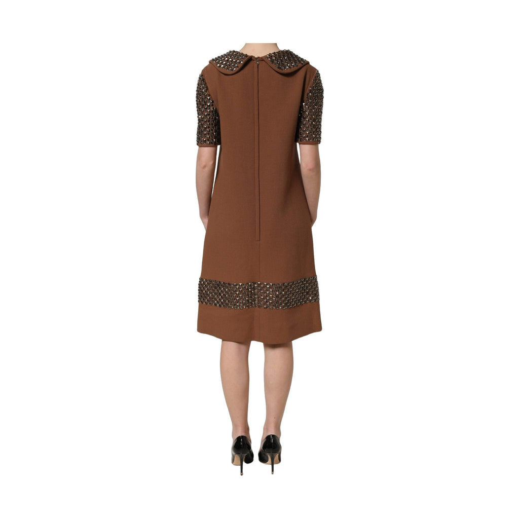 Dolce & Gabbana Brown Wool Rhinestone Embellished Midi Dress