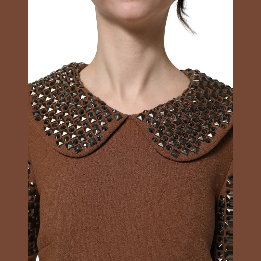 Dolce & Gabbana Brown Wool Rhinestone Embellished Midi Dress