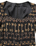 Black Key Print Long Sleeves Sheath Midi Dress