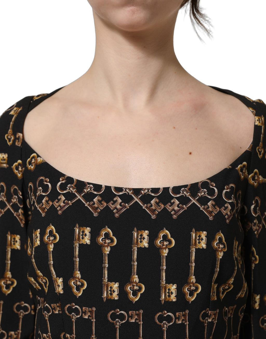 Black Key Print Long Sleeves Sheath Midi Dress