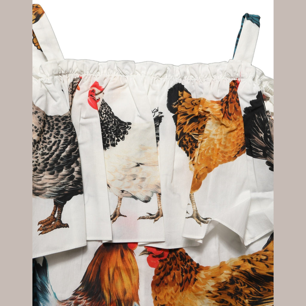 Dolce & Gabbana White Rooster Print Poplin Off The Shoulder Top