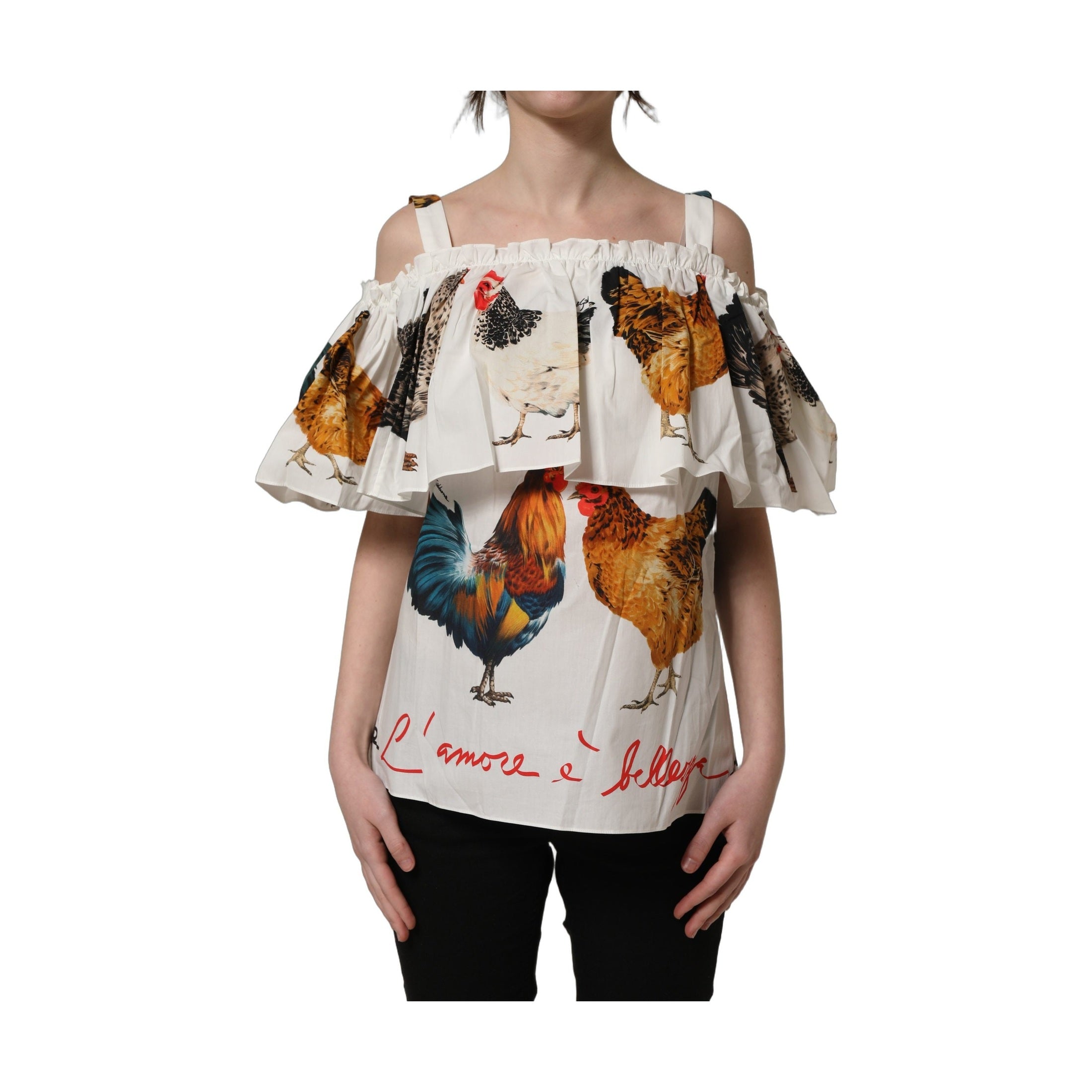 Dolce & Gabbana White Rooster Print Poplin Off The Shoulder Top