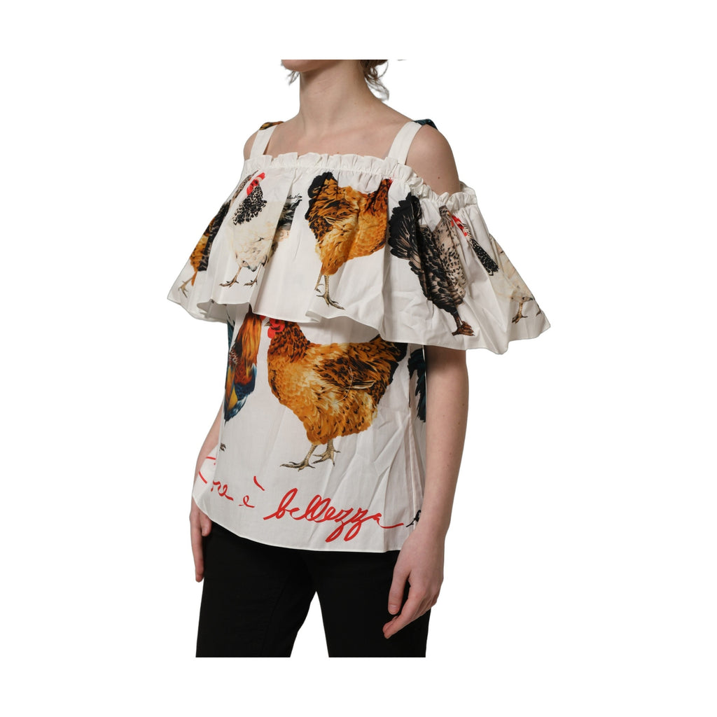 Dolce & Gabbana White Rooster Print Poplin Off The Shoulder Top