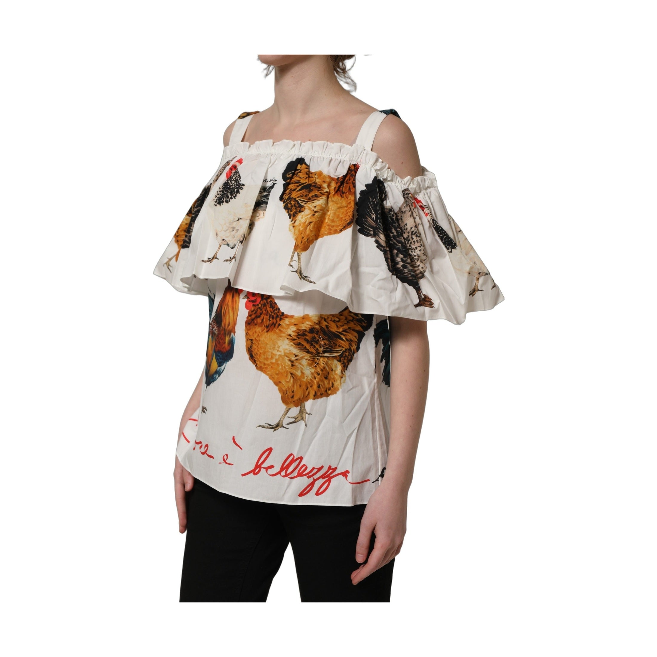 Dolce & Gabbana White Rooster Print Poplin Off The Shoulder Top