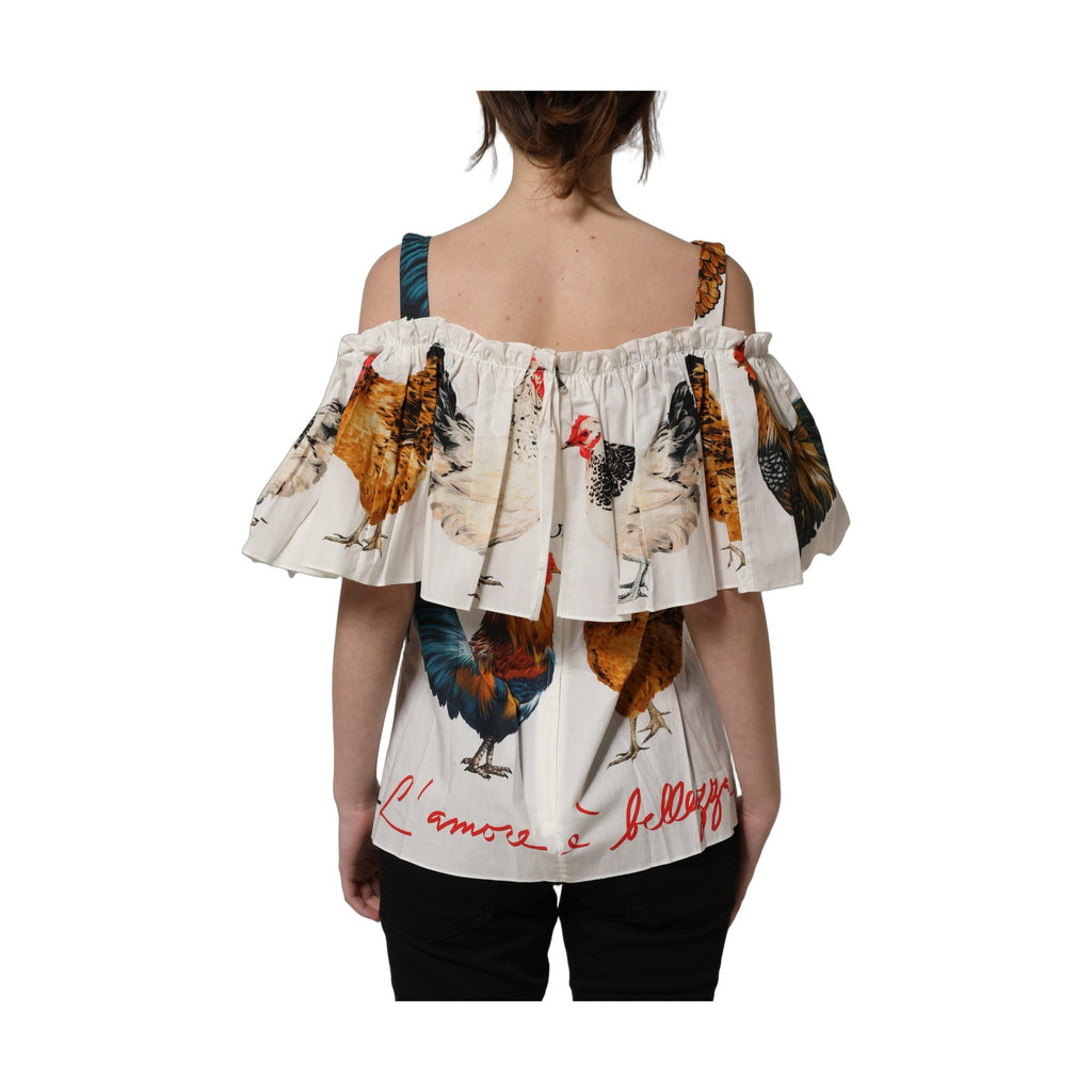 Dolce & Gabbana White Rooster Print Poplin Off The Shoulder Top