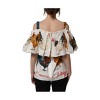 Dolce & Gabbana White Rooster Print Poplin Off The Shoulder Top