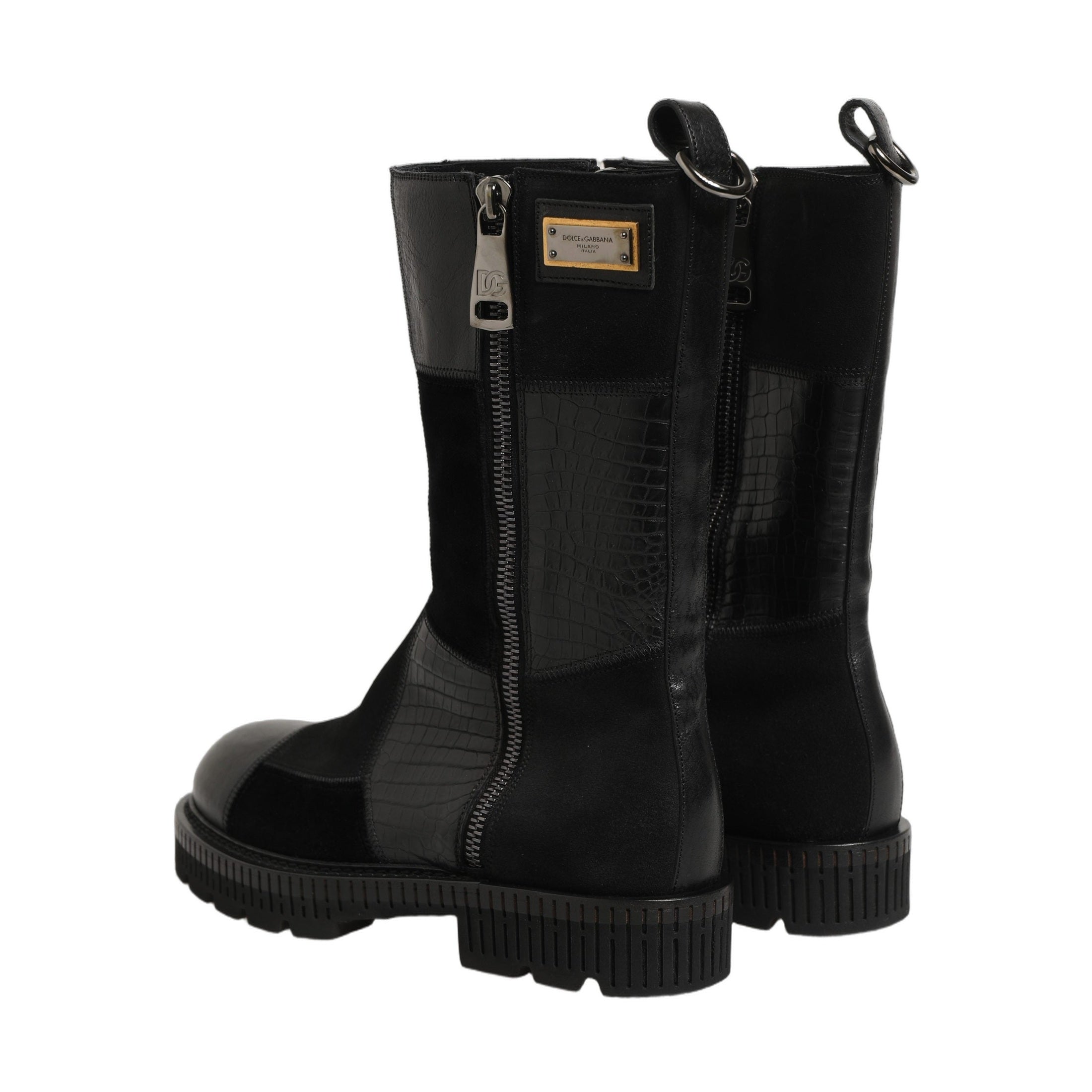 Dolce & Gabbana Black Patchwork Leather Mid Calf Boots Shoes