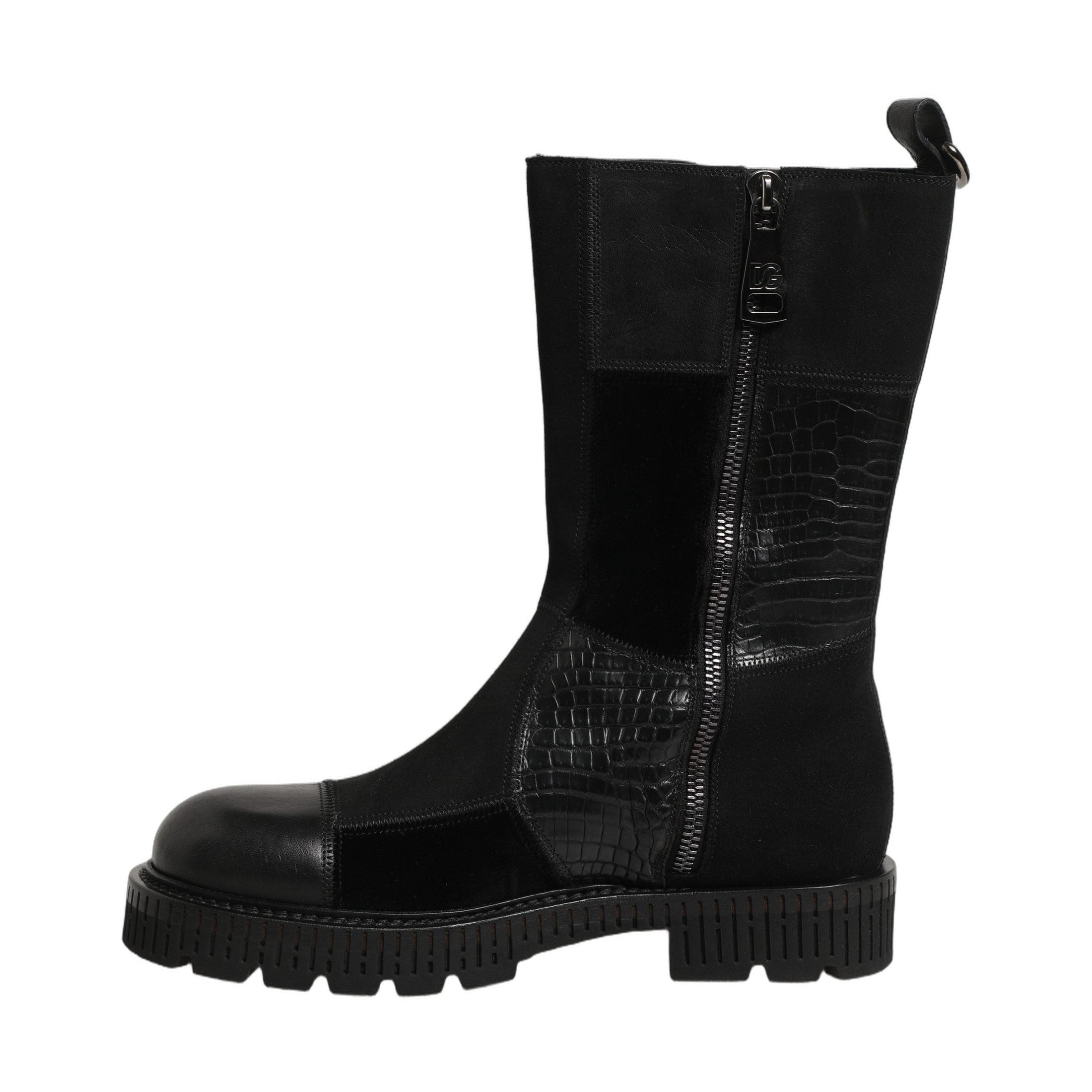 Dolce & Gabbana Black Patchwork Leather Mid Calf Boots Shoes