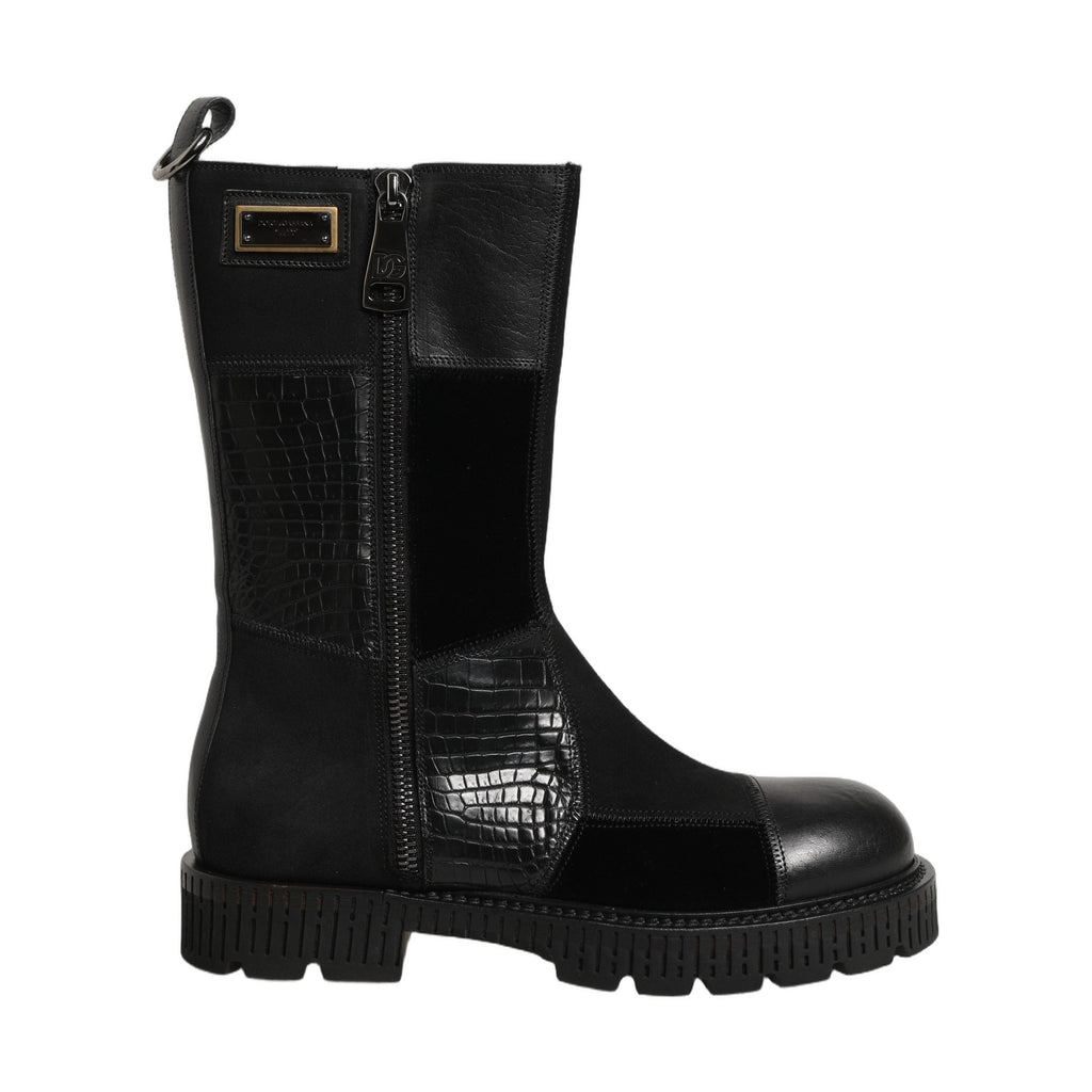 Dolce & Gabbana Black Patchwork Leather Mid Calf Boots Shoes