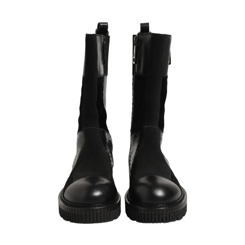Dolce & Gabbana Black Patchwork Leather Mid Calf Boots Shoes