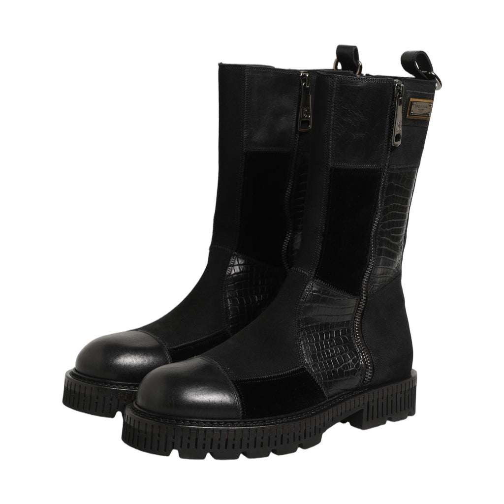 Black Patchwork Leather Mid Calf Boots Shoes