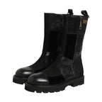 Black Patchwork Leather Mid Calf Boots Shoes