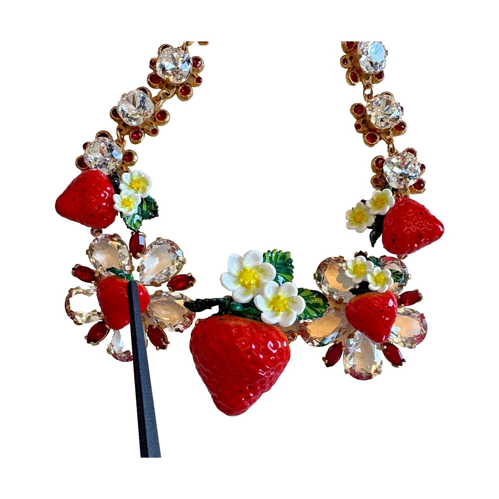 Dolce & Gabbana Gold Brass FRUIT Pendants Flowers Crystal Logo Necklace