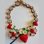 Dolce & Gabbana Gold Brass FRUIT Pendants Flowers Crystal Logo Necklace