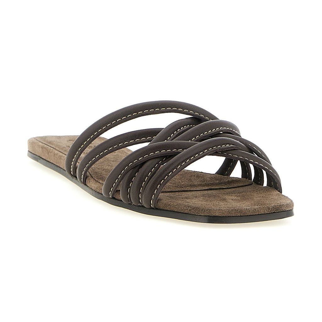 Brunello Cucinelli Brown Lamb Leather Slides